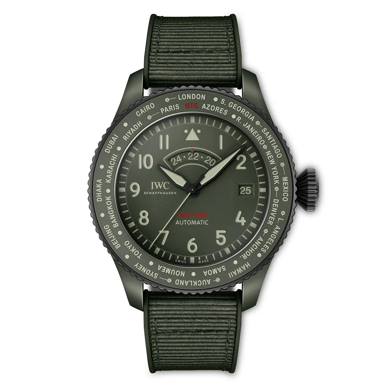 IWC Schaffhausen Pilot's Watch Timezoner TOP GUN 'Woodland' Koyu Yeşil Seramik