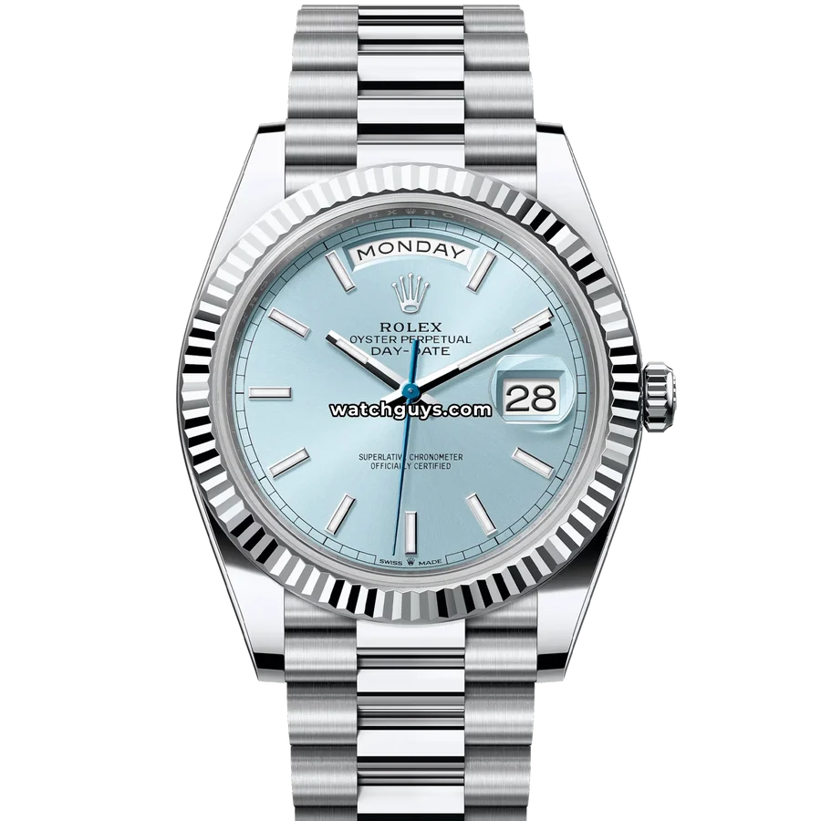 Rolex Day-Date 40mm Platin Buz Mavisi Kadran Yivli Bezel
